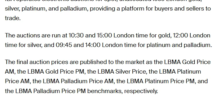 Página de ICE Benchmark Administration: las subastas del LBMA Gold Price se hacen a las 10:30 y a las 15:00 hora de Londres, la de plata a las 12:00