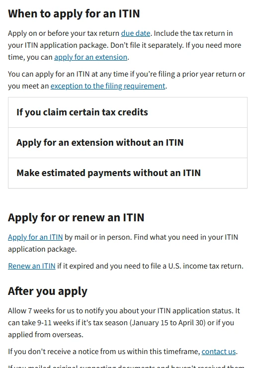 美國國稅局 ITIN 說明頁：申請 ITIN 要把報稅表放進同一個申請包、不要分開寄，寄出後約 7 週通知結果，從海外申請或報稅季要 9 到 11 週