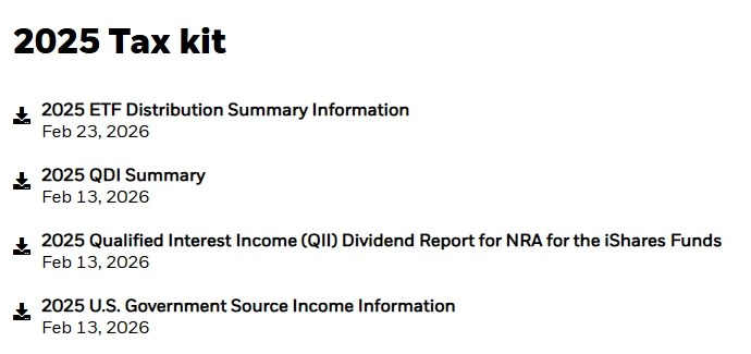 iShares 2025 Tax Kit 頁面的文件清單，第三項是 2025 Qualified Interest Income (QII) Dividend Report for NRA for the iShares Funds，2026 年 2 月 13 日發布