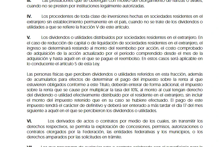 Página del SAT con el artículo 142 de la Ley del ISR: la fracción V sobre dividendos o utilidades distribuidos por sociedades residentes en el extranjero y el párrafo del impuesto adicional de 10 %