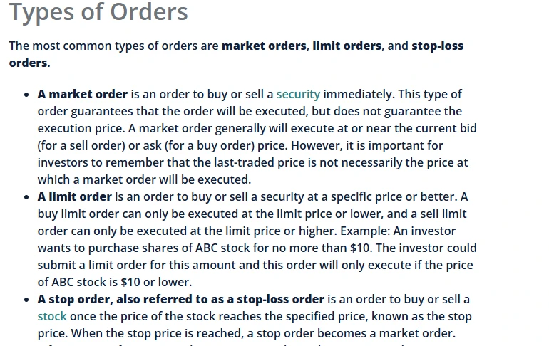 美國證券交易委員會 Investor.gov 的 Types of Orders 頁面，列出市價單、限價單與停損單的定義，並說明市價單保證成交但不保證成交價