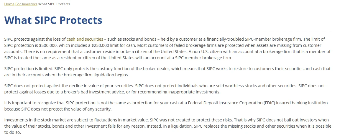 SIPC 官網 What SIPC Protects 頁面，說明每位客戶最高 50 萬美元、其中現金 25 萬美元的保障上限，並寫明不要求客戶是美國居民或公民